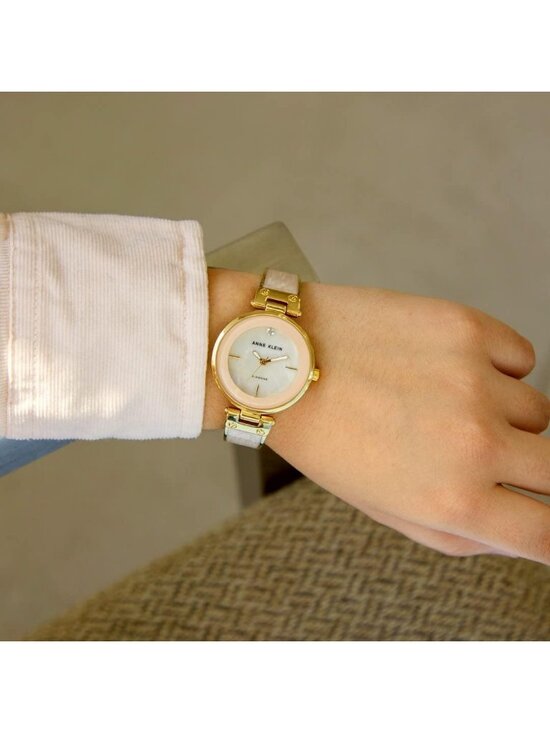 Anne Klein Women Light Pink Gold Analog Quartz Genuine Diamond Dial Bangle Watch